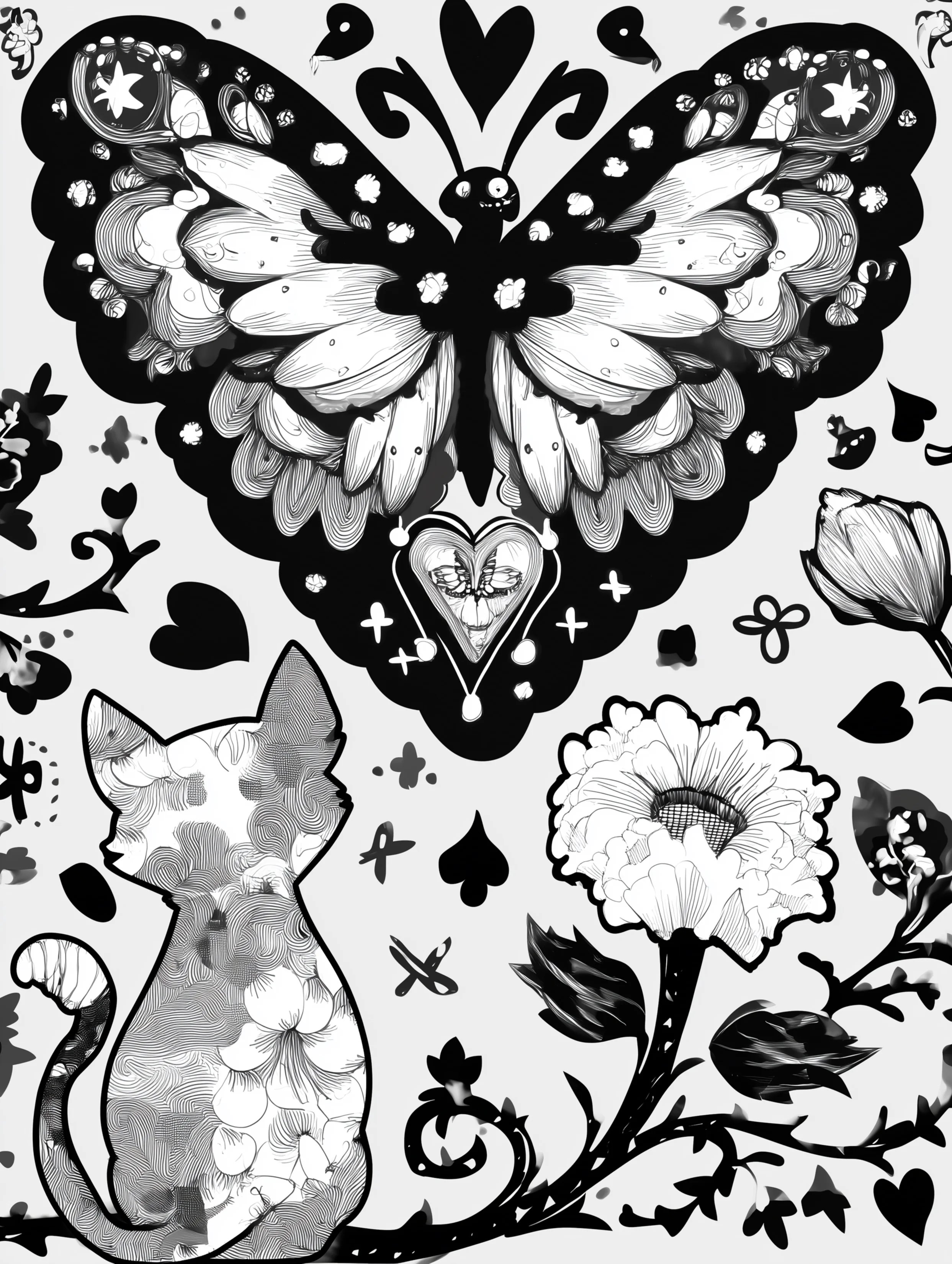 Free printable butterfly coloring page for adults featuring a cat watching a butterfly